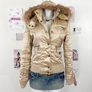 Stradivarius Champagne Satin Faux Fur Hood Bomber Jacket